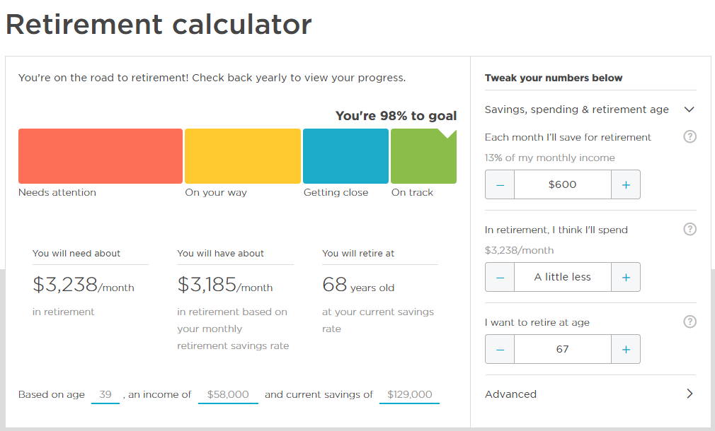 Retirement Calculator Helps know how much you need to save monthly to