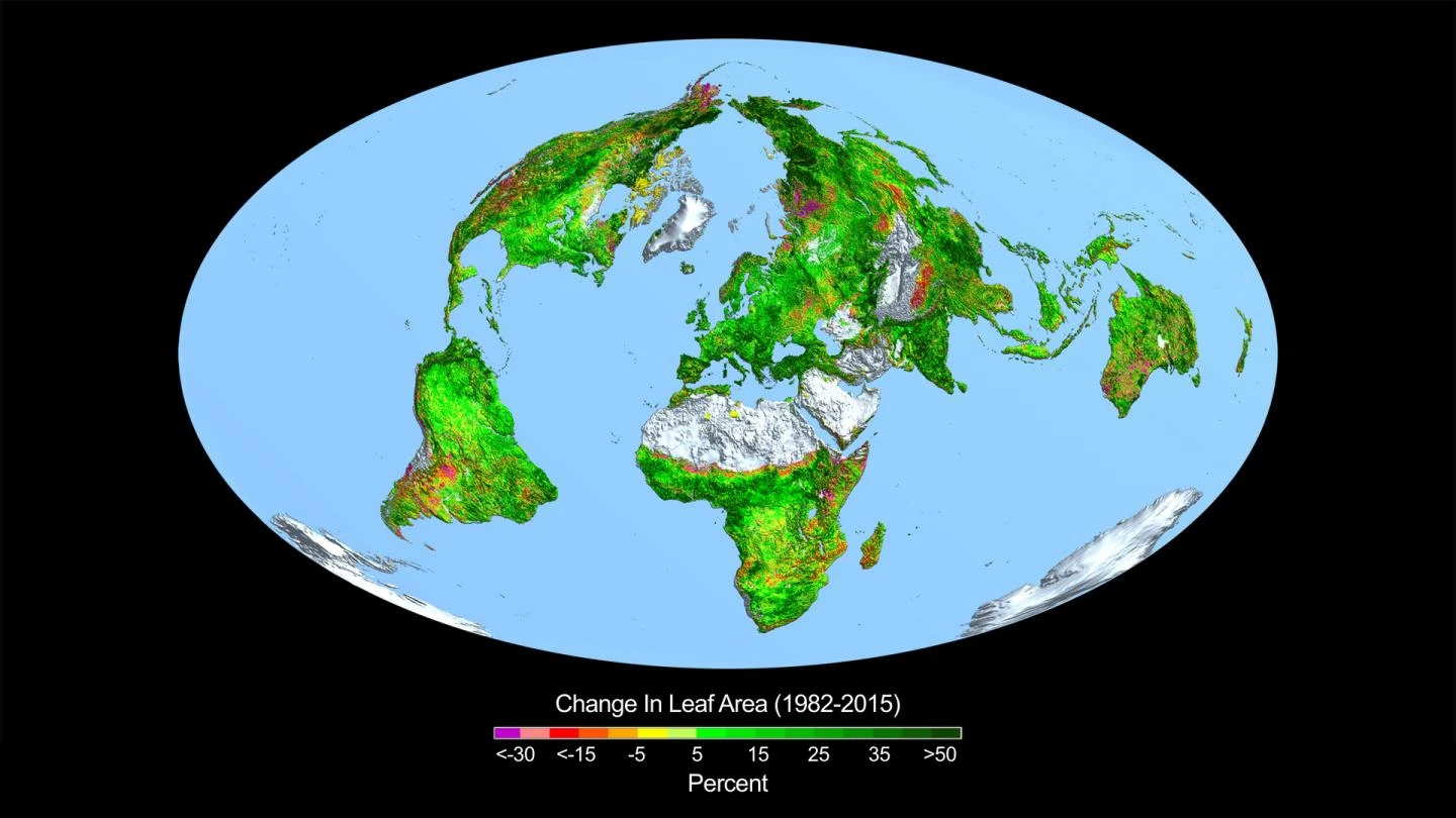 The change in leaf area across the globe from 1982 to 2015