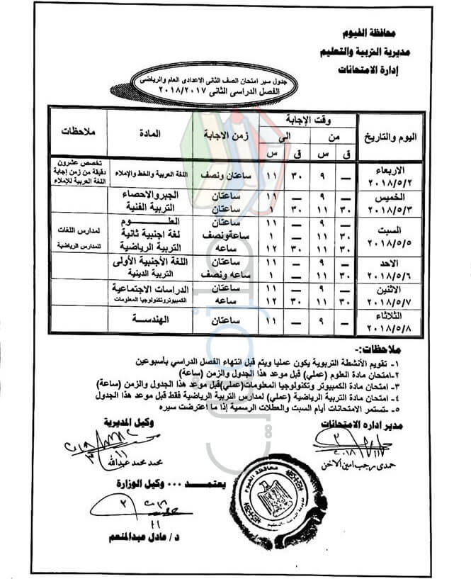 جدول مواعيد امتحانات اخر العام 2018 محافظة الفيوم