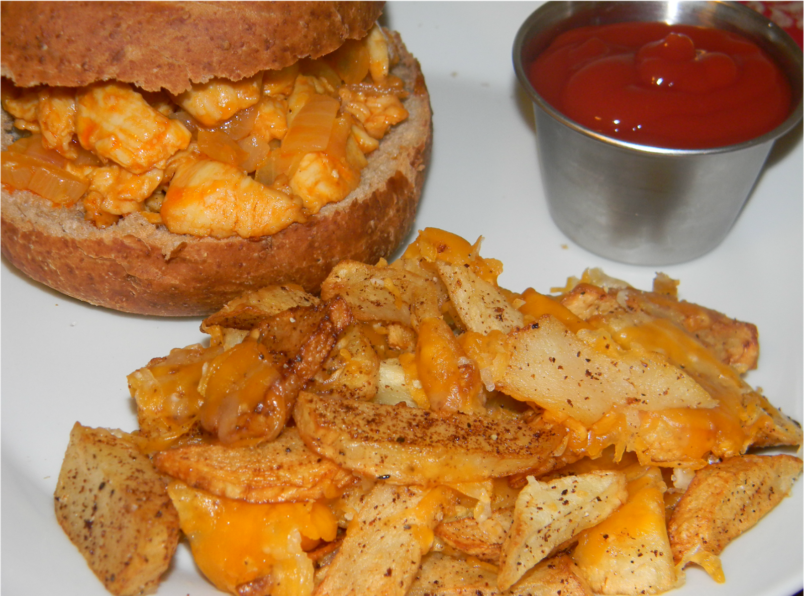 Always Savory Buffalo Chicken Cheese Steaks w/ Homemade cheese Fries