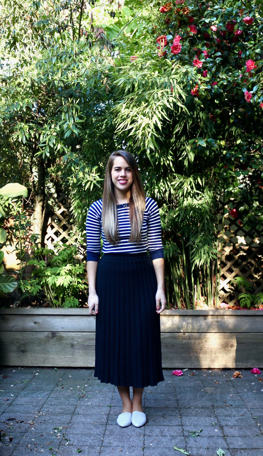 Jules in Flats - Striped Sweater and Knit Midi Skirt (Business Casual Spring Workwear on a Budget)