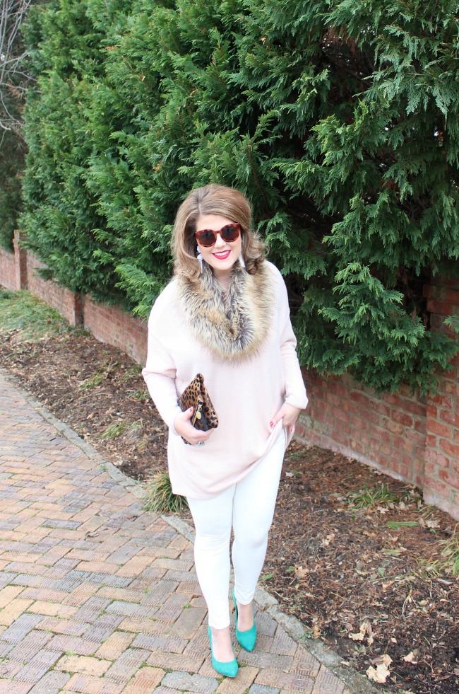 Blush Pink Sweater and White Jeans