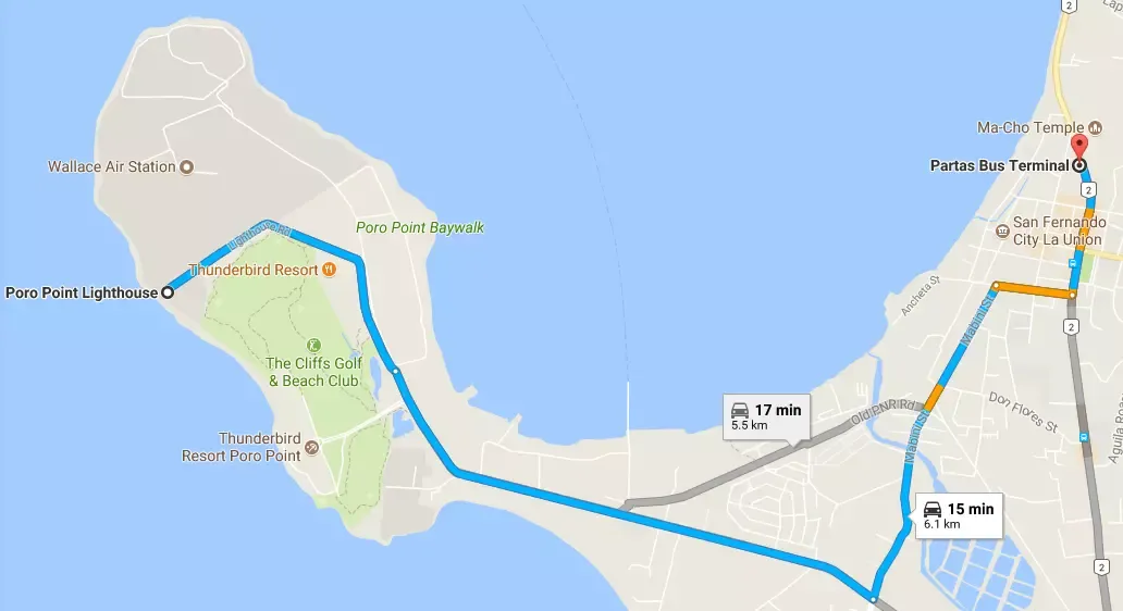 Google Map Partas Bus Station to Poro Point Lighthouse