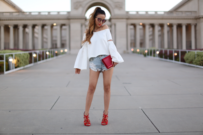 renamed off shoulder cut out top, off shoulder top, romantic off shoulder, chanel necklace, saint laurent clutch, one teaspoon denim shorts, giuseppe zanotti sandals, quay sunglasses, july4th outfit ideas, fourth of july outfit ideas, san francisco fashion blog, san francisco street style 
