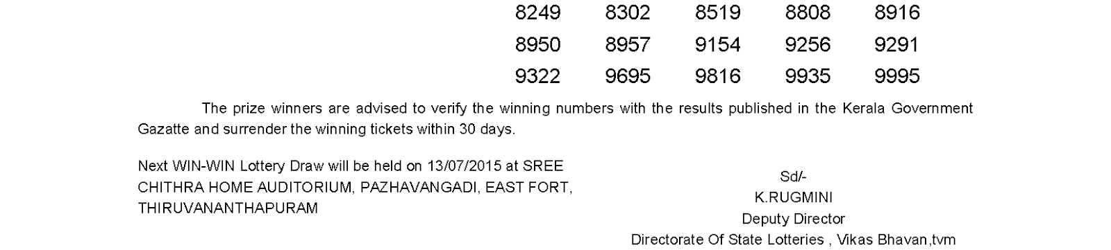 WIN WIN Lottery W 315 Result 6-7-2015