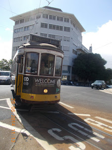 "Tram N0 28" arriving at Martin Monez Tram stop in Lisbon.