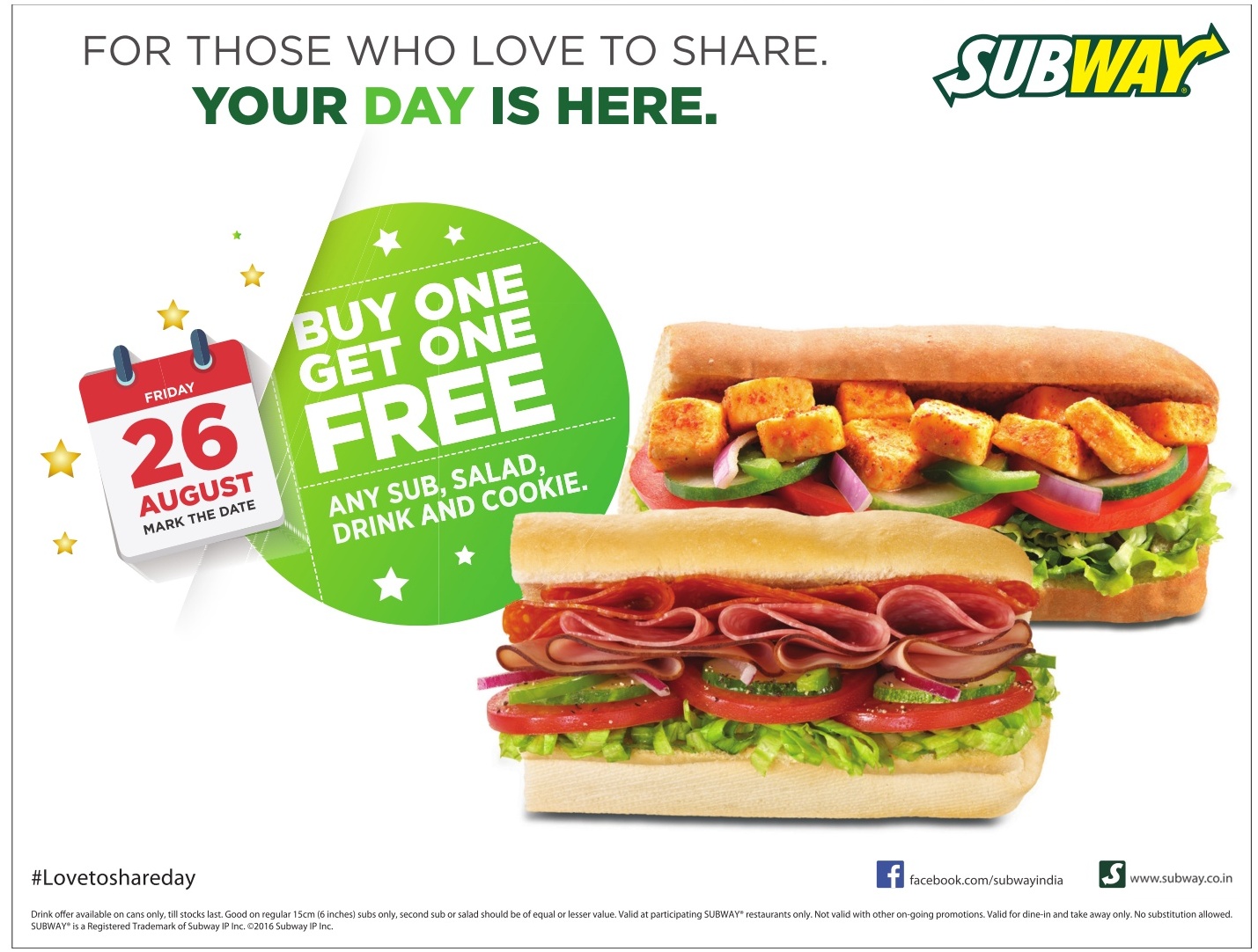 Subway buy one & get one free Only for Today August 2016 discount