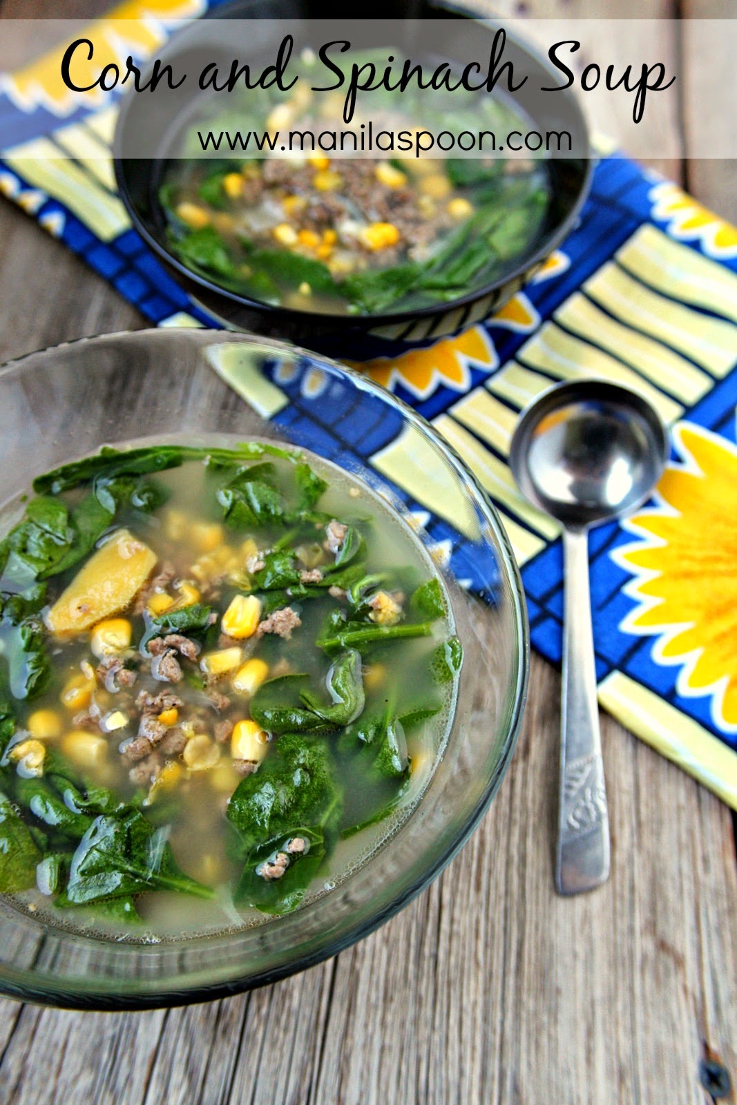 With corn, spinach and meat and flavored with ginger for extra zing, this simple soup is tasty, healthy and easy to make.