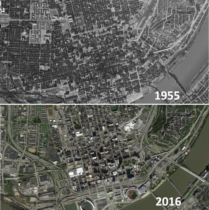 The effects of urban highways on cities (Cincinnati, 1955 vs 2016)