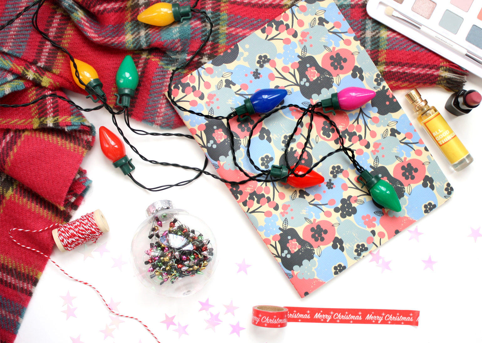 festive beauty lifestyle flatlay