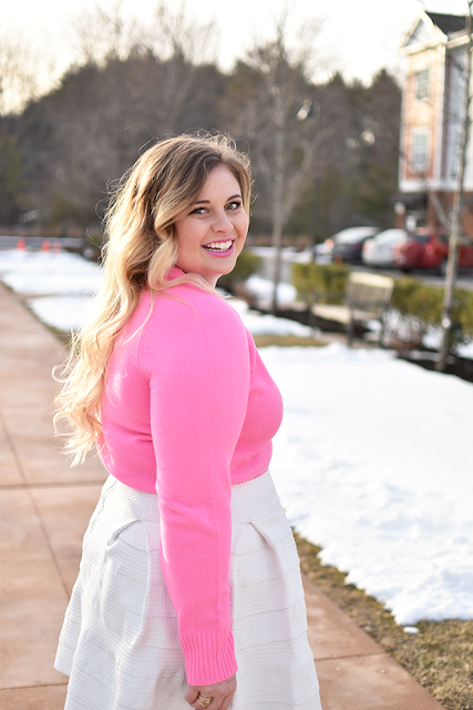 Valentine's Date Night Look Pink J.Crew Holly Sweater Bandage Skirt Hue Leggings Target Merona Black Pumps Baublebar Necklace ombre blonde hair natural makeup look new england style boston blogger style fashion blogger