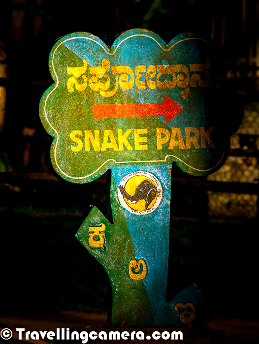 For last few days, we have been sharing Photo Journeys about Wildlife around Banglore City of India. So far we have shared two Photo Journeys on National Wildlife Park and Zoological Park at Bannerghatta. This Photo Journey shares some insights about Reptile/Snake Park inside Bannerghatta Zoological Park in Banglore. Let's start...Bannerghatta Zoological Park boasts an amazing reptile collection - a snake park lets you get up close and personal with the scaly, slithery creatures. Reptile Park is integral part of Bannerghatta Zoo in Banglore. Most of the snakes are kept inside small chambers surrounded by high walls of iron-net. All these chambers have natural setup with rocks, grass and trees. Some of the tree-branches were coming out of the chambers which were alarming for me, as snakes can easily climb up and jump down to get out of these chambersThis Reptile Park is spread over a huge area inside Zoo and signboards are placed all around to direct towards different types of snakes. This one is trying to direct us towards right for seeing King Cobra at Bannerghatta Zoological Park.Most of the snakes inside this park were seemed very lazy and probably these restrictions to be inside a specific boundary is extremely boring for them. It's not very simple to locate these snakes inside the chamber, because of lot of grass, rocks all around. Some of the chambers have more than 5 snakes, but it was hard to locate them on tree branches, inside holes, crawling under the grass etc... Locating snakes inside a particular chamber was an interesting task in itself.Snake Park  of Bannerghatta Zoo in Banglore is one of the most populated region inside Wildlife boundaries of Bannerghatta, BangloreHere is one of the videos showing dancing snakes inside Bannerghatta Zoological Park, Banglore, Karnataka, India !!!