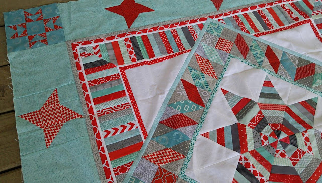 red and aqua string star round robin quilt
