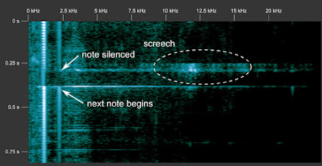 [Image: Spectrogram of the beginning of a note with the characteristic screech, centered around 12 kilohertz.]