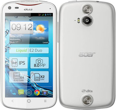 Spesifikasi Acer Liquid E2 V370 Spesifikasi Acer Liquid E2 V370 Produksen HP saat ini semakin bersaing ketat karena teknologi baru akan lebih disukai oleh pasar apalagi teknologi itu bisa sangat bermanfaat dalam berbagai aktivitas dan keperluan kerja. Kini hadir hp Acer V370 Liquid E2 yang pastinya bisa anda pertimbangkan untuk anda miliki karena hp ini memiliki berbagai fitur cukup menarik. Acer bekerjasama dengan Mediatek menghadirkan smartphone kelas menengah Quad Core dengan harga Acer Liquid E2 yang begitu terjangkau, . Dengan teknologi Quad Core dalam Liquid E2 sehingga dapat menikmati pengalaman bermain game tanpa gangguan. Hp Android Acer Liquid E2 V370 ini hadir dengan dikemas layar berukuran 4.5" dengan resolusi 540 x 960 piksel memberikan pengalaman visual optimal ketika bermain games ataupun konten multimedia lainnya. Kartu dual simpun juga sudah disematkan pada ponsel ini yang berjalan di jaringan GSM 900/1800 MHz, handphone ini siap mendukung dua kartu SIM yang mampu hidup secara bersamaan Liquid E2 sudah didukung dengan kamera belakang beresolusi 8 MP autofocus, LED flash serta kamera depan beresolusi 2 MP. Kameranya juga didukung dengan 9 efek kamera memungkinkan Anda untuk berkreasi seperti Normal Mode, High Dynamic Range, Beauty Mode, Panorama Mode, Multiangle View, Autoscene, Smile Detection, Best Shot dan Exposure. Harga samsung