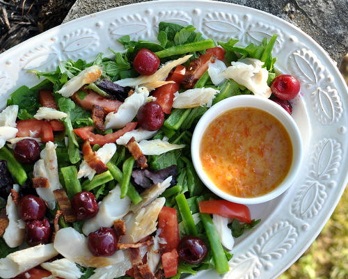 Arugula Salad with Smoked Trout & Peach Preserve Dressing ♥ AVeggieVenture.com, simple but special salad supper, makes up in minutes.