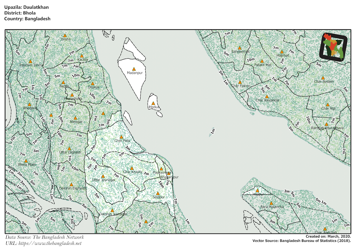  Daulatkhan Upazila Elevation Map Bhola District Bangladesh