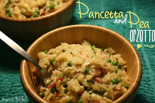 Two bowls of Pancetta and Pea Orzotto (orzo risotto)