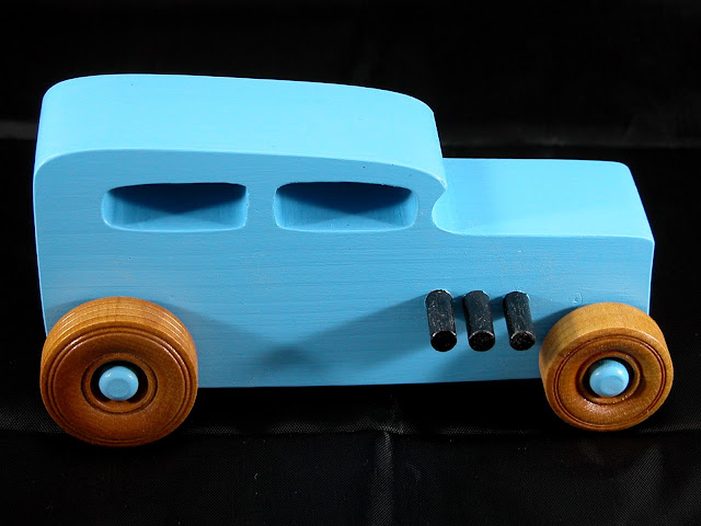 20171023-180214 - Wooden Toy Car - Hotrod Freaky Ford - Pine - Blue - Shellac Wheels- Custom Order