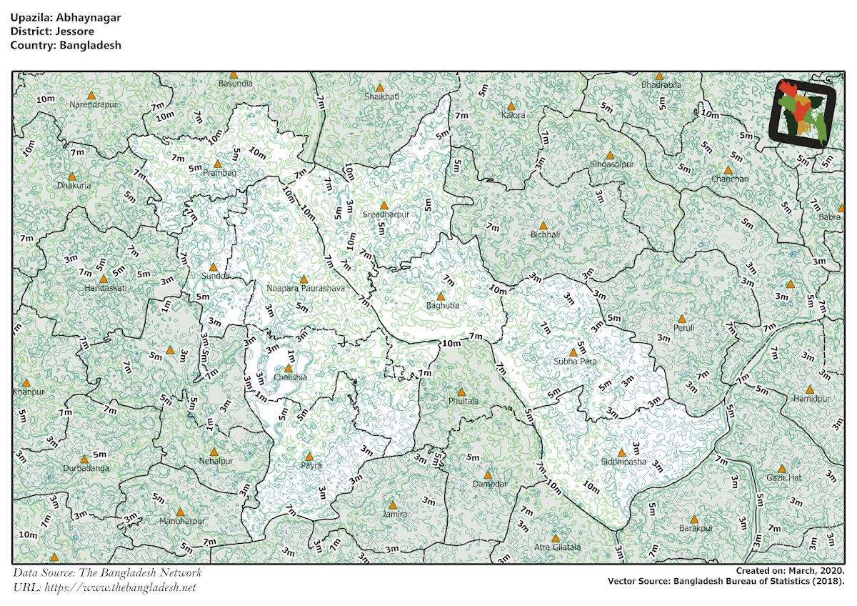 Abhaynagar Upazila Elevation Map Jessore District Bangladesh