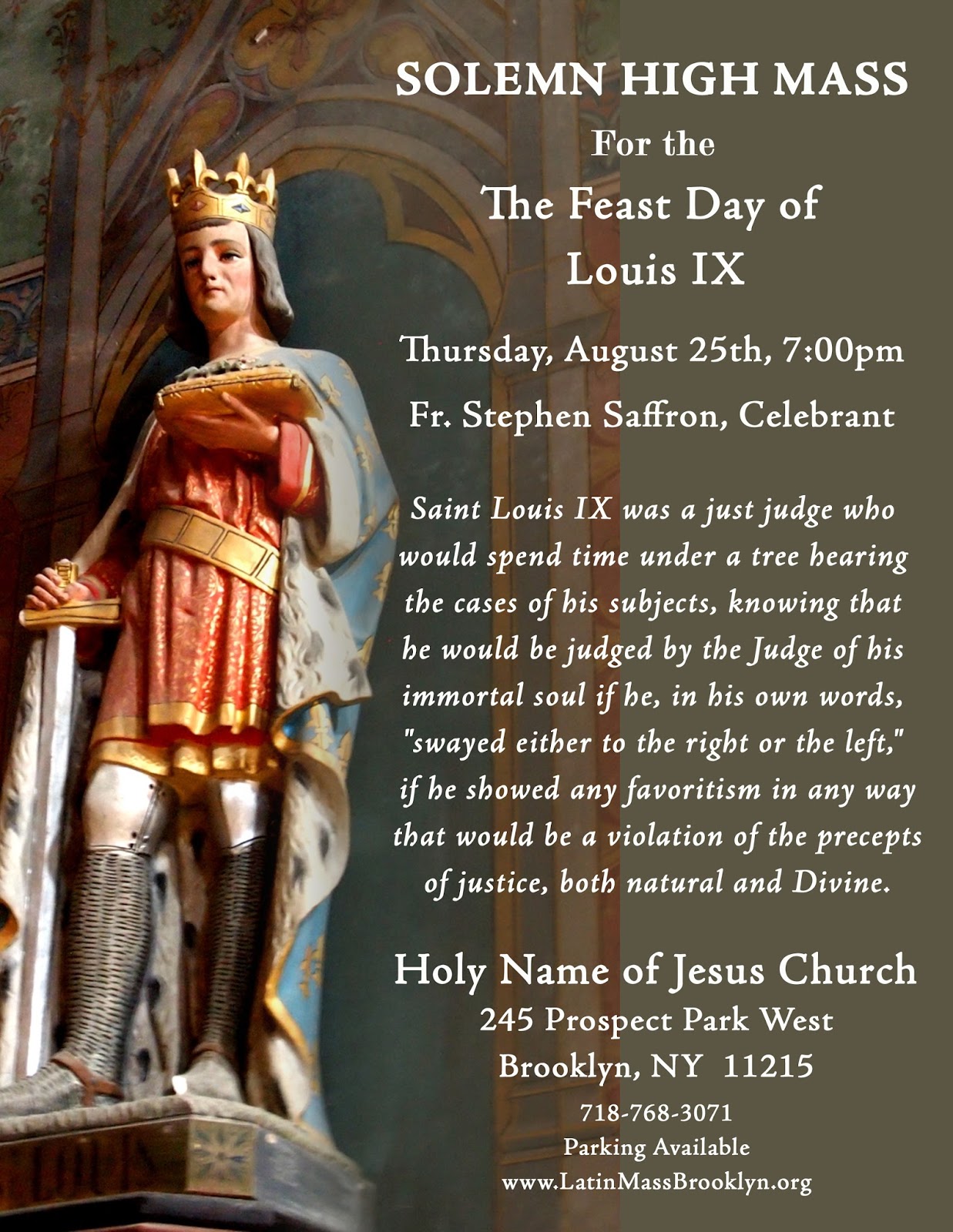 RORATE CÆLI Event Solemn High Mass, feast of St. Louis IX, in New York
