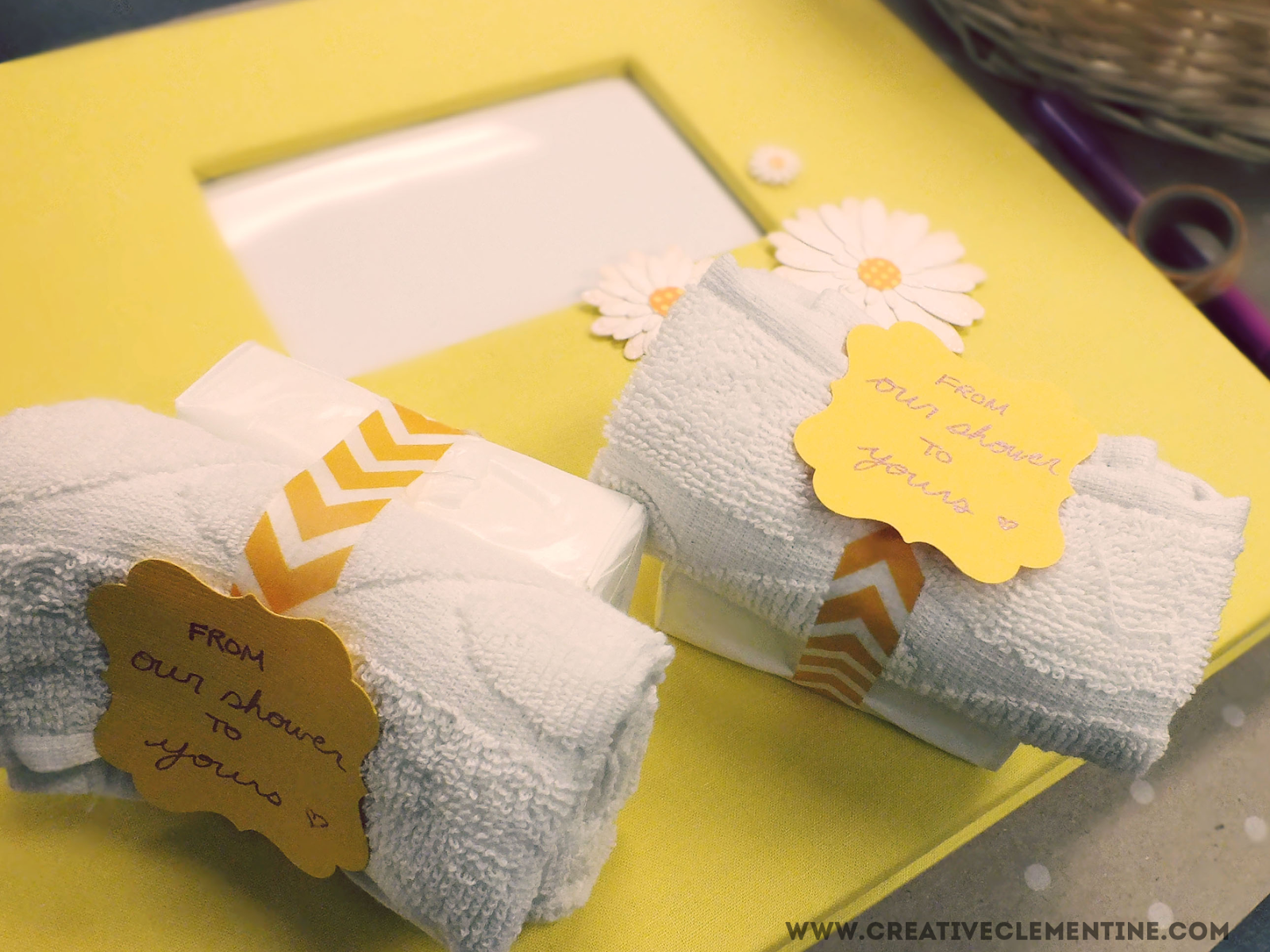 Baby Shower Favours on the Cheap via Creative Clementine. "From Our Shower to Yours" soap and cloth set.
