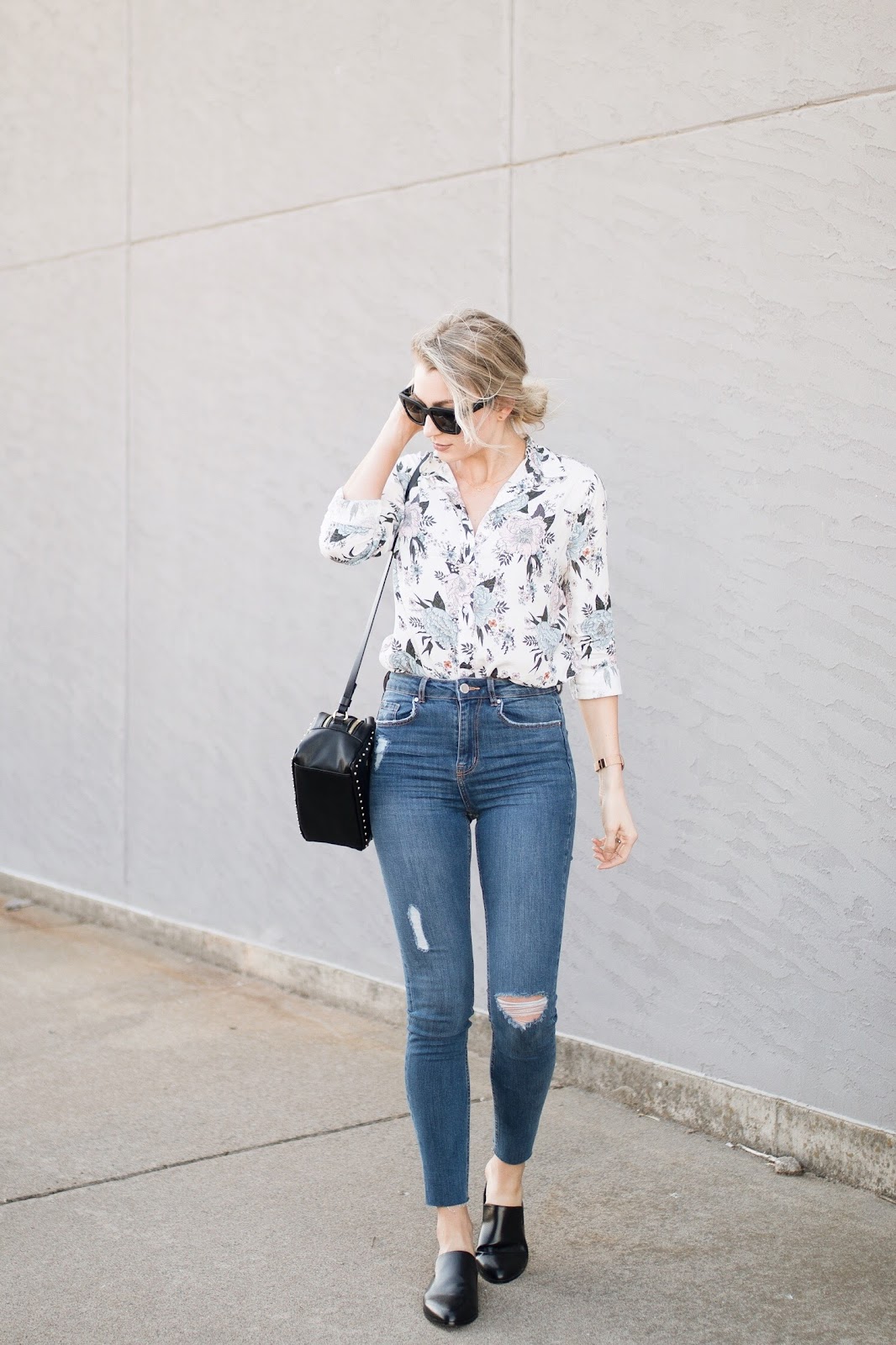 floral top, high-waisted skinny jeans
