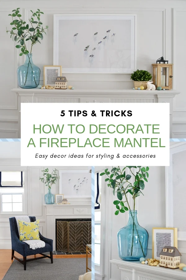 fireplace mantel decor ideas, how to decorate your fireplace mantel, fireplace greenery, living room fireplace, glass jug with branches