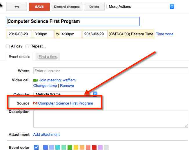 Google Calendar/Email Email Source in Calendar Event