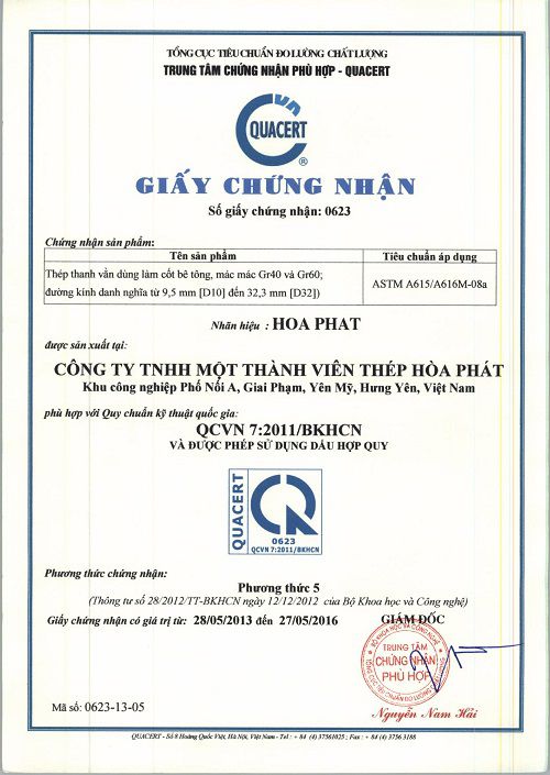 Giấy chứng nhận chất lượng thép thanh vằn mác thép Gr40 và Gr60 Giấy chứng nhận chất lượng thép thanh vằn mác thép Gr40 và Gr60