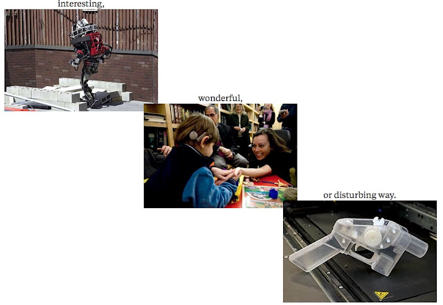 images illustrate words -- robot walking on bricks for interesting; child using technology to connect with another person for wonderful;  and 3-d printed gun for disturbing