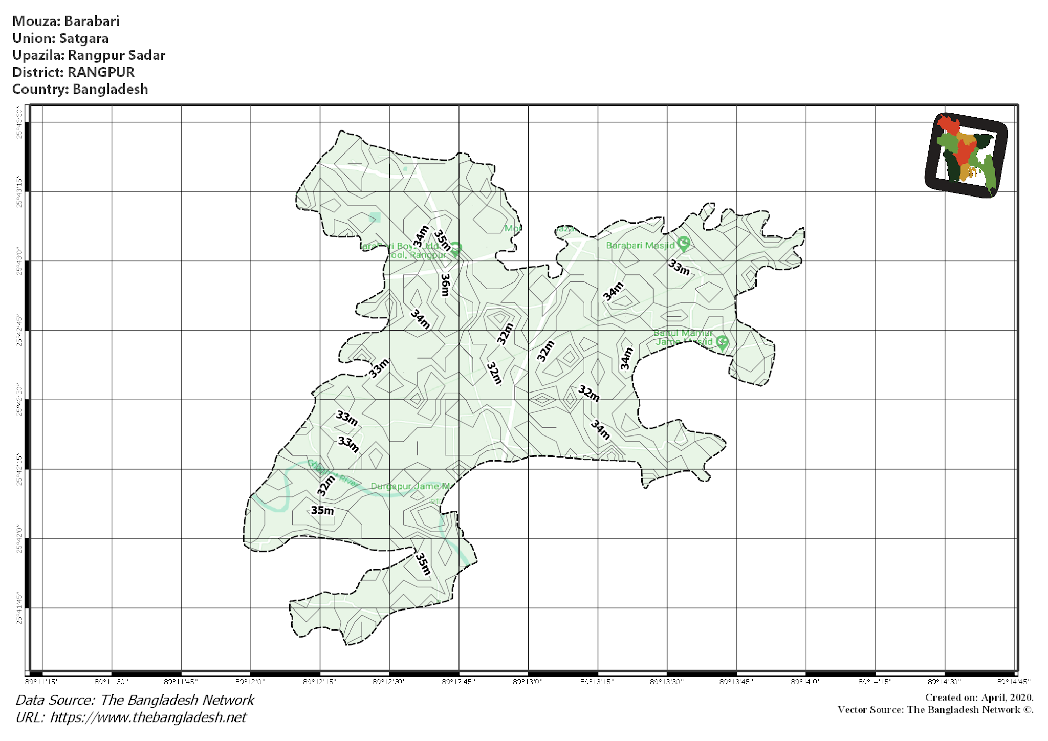 Map of Barabari Mouza of Rangpur Sadar Upazila, RANGPUR, Bangladesh.