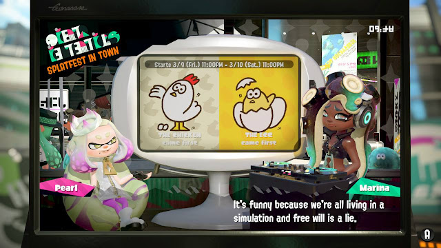 Splatoon 2 Splatfest Marina it's funny living in a simulation free will is a lie chicken egg