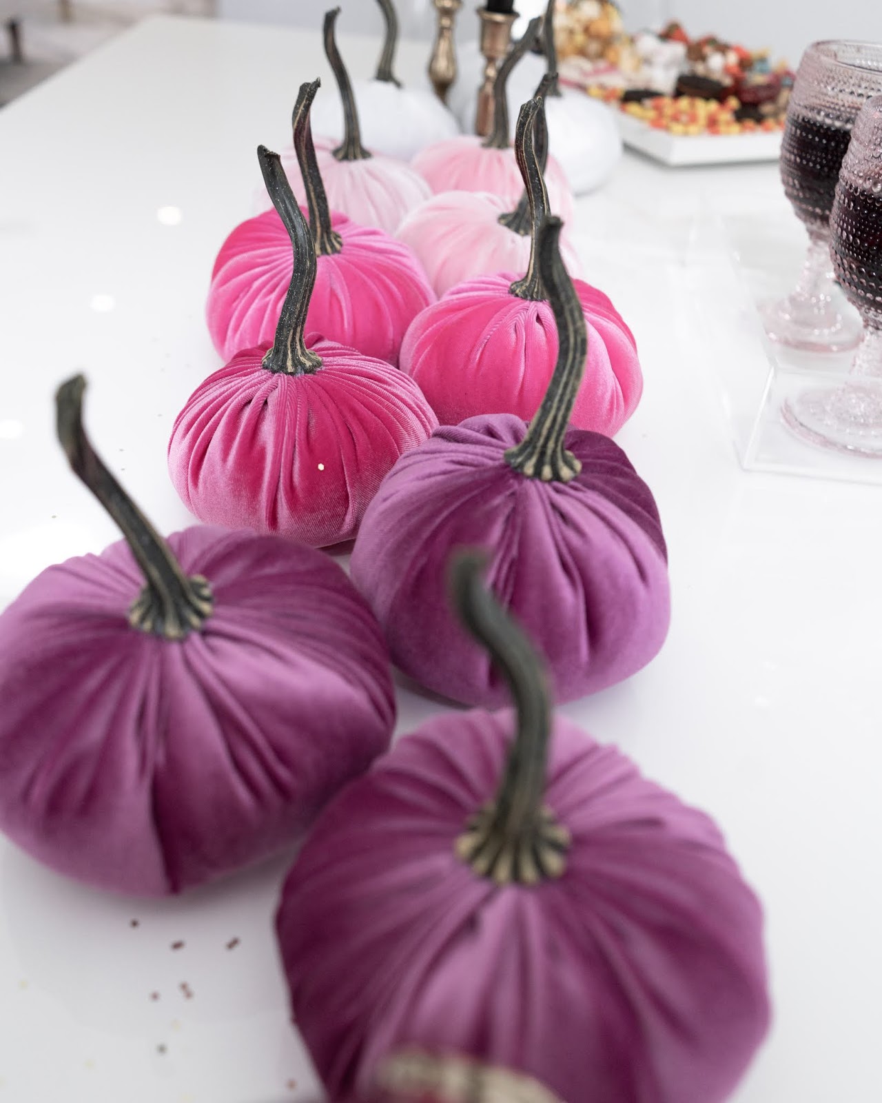 Velvet pumpkins in pink and purple for halloween party