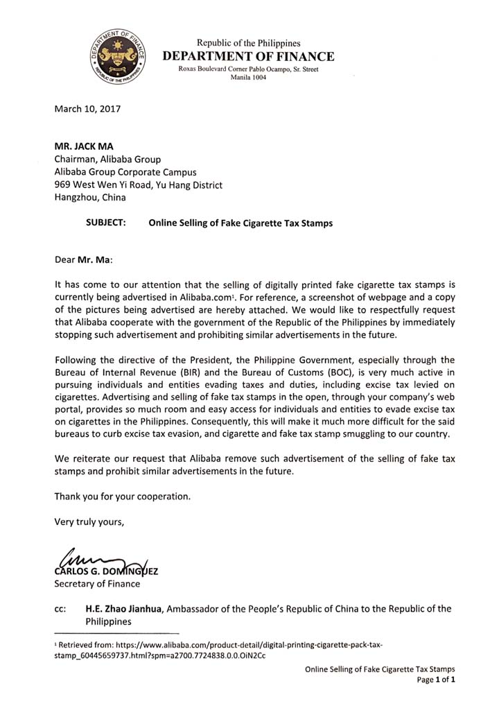 Letter of Philippine Finance Minister (Secretary) to Jack Ma regarding the faked BIR Tax Stamps appearing in his Alibaba online store