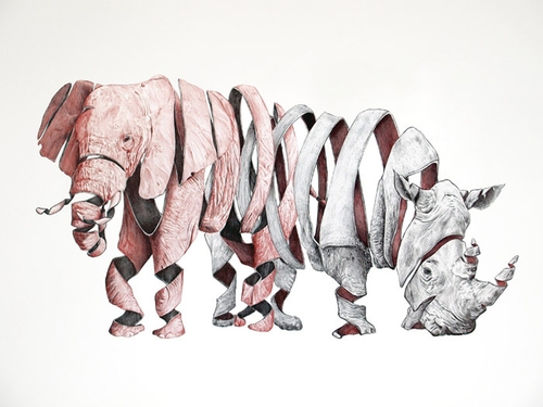 04-Elephant-and-Rhino-Jaume-Montserrat-Illustrations-of-Ribbon-Animals-in-Emptyland-www-designstack-co