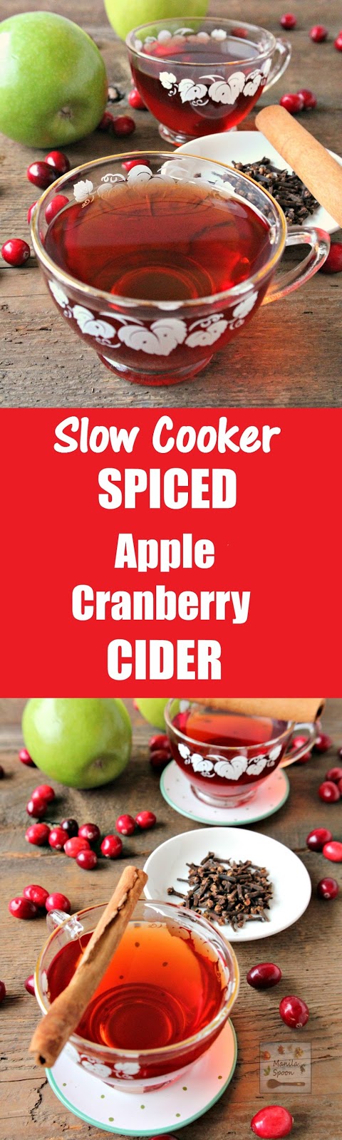 A deliciously spiced fruity cider with a mix of apple and cranberry juices and made in the slow cooker for ease and convenience. Family friendly and party-perfect! | manilaspoon.com