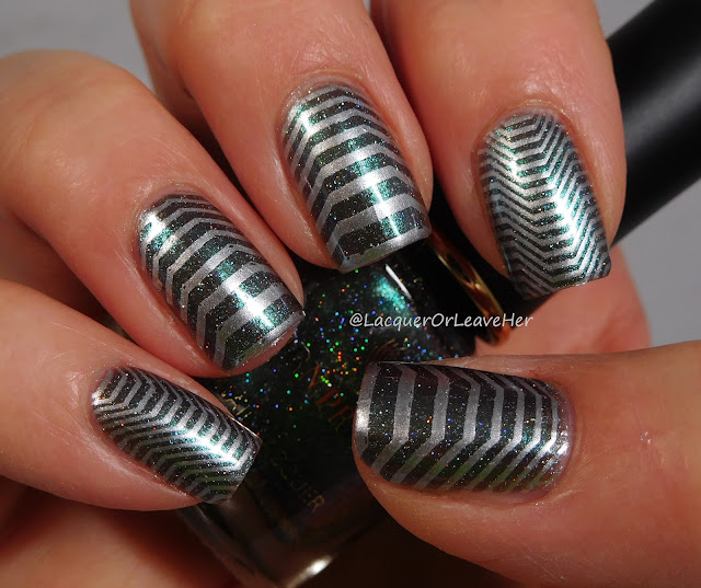 UberChic Beauty 26-02 over Born Pretty Store Years, stamped with Moyra Silver