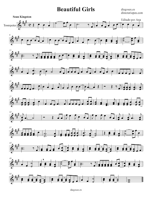 Partitura Beautiful Girls de Sean Kingston para TROMPETA - sheet music trumpet -