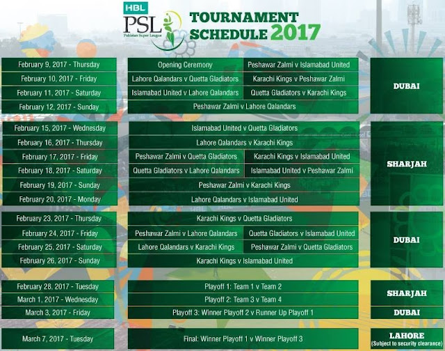 2017 PSL Time Table