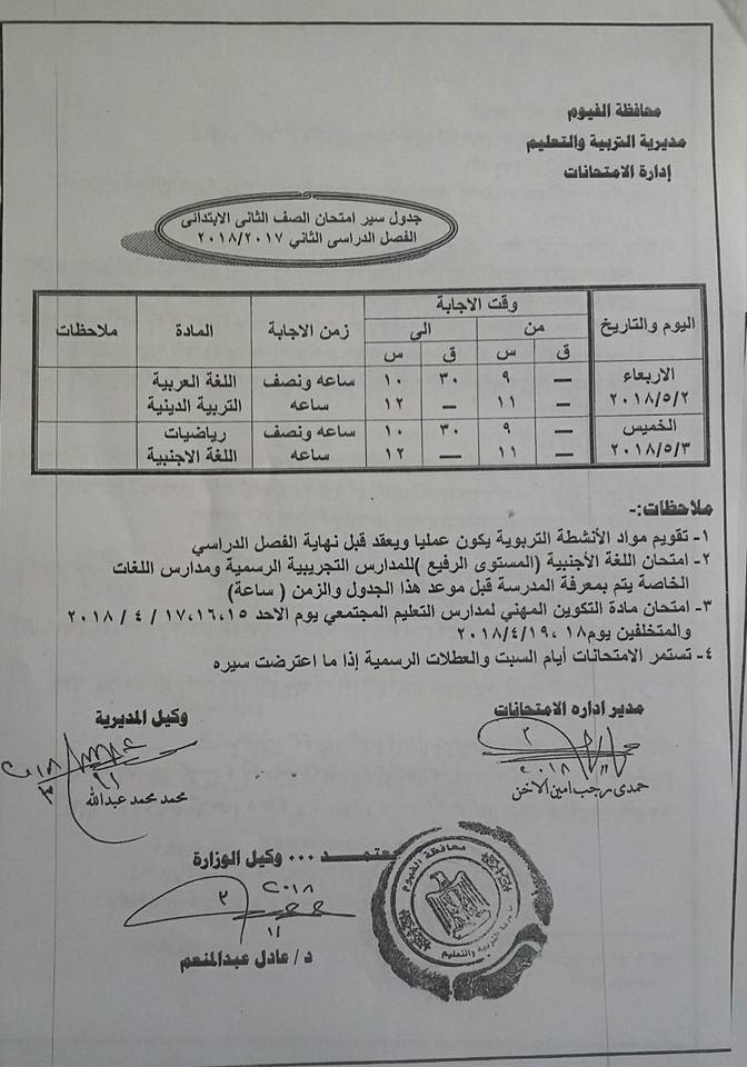 جداول امتحانات محافظة الفيوم الترم الثاني 2018 0%2B%25288%2529