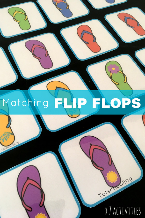 FREE printable Summer theme games featuring flip flops! Kids will love to play these 7 activities including matching, counting, skip counting, patterns, memory challenges and more! Great summer activities for preschoolers and kindergarten kids.