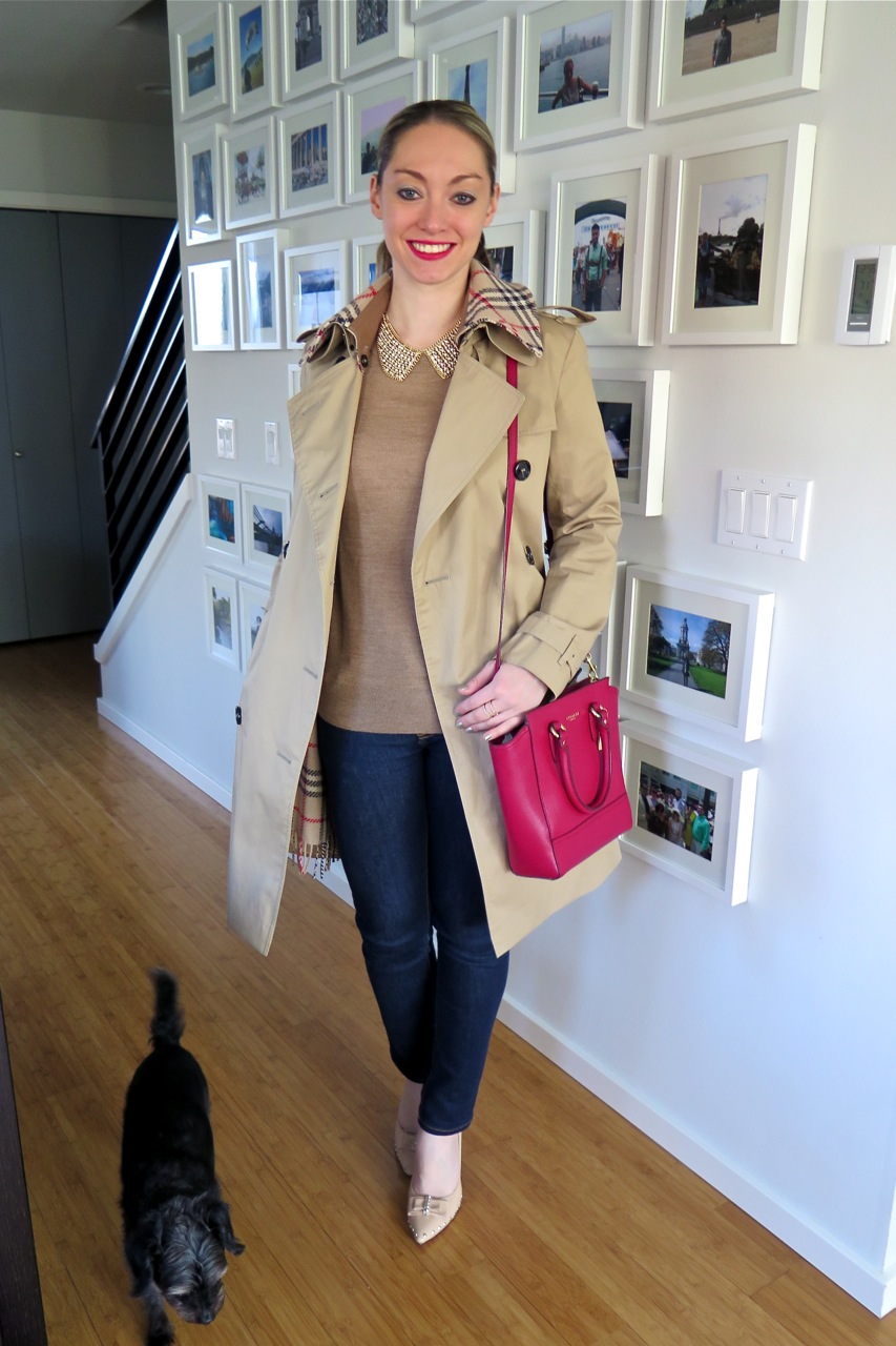 Burberry Trench + Factory Merino Charley Sweater + Studded Pumps