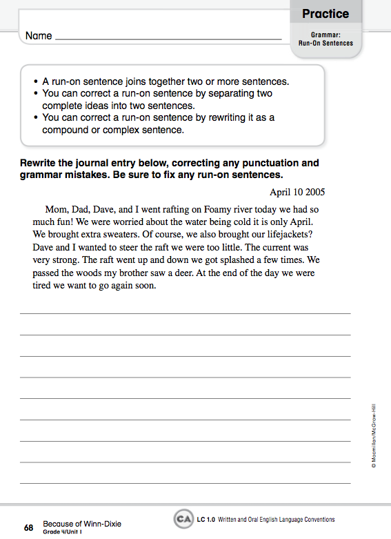 Homework 20122013 Tuesday, September 25th RunOn Sentences