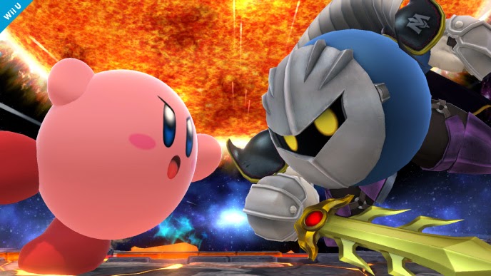 Meta Knight promotional image facing off against Kirby