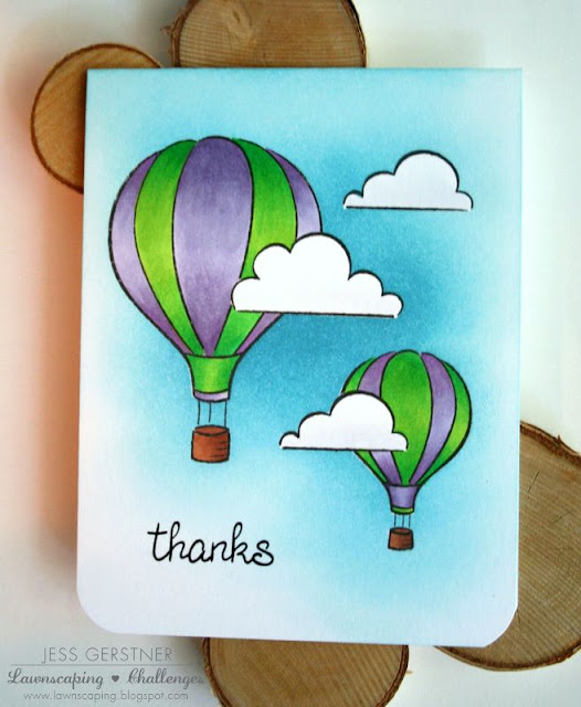 One Layer card by Jess Crafts featuring Lawn Fawn Blue Skies Hot Air Balloons