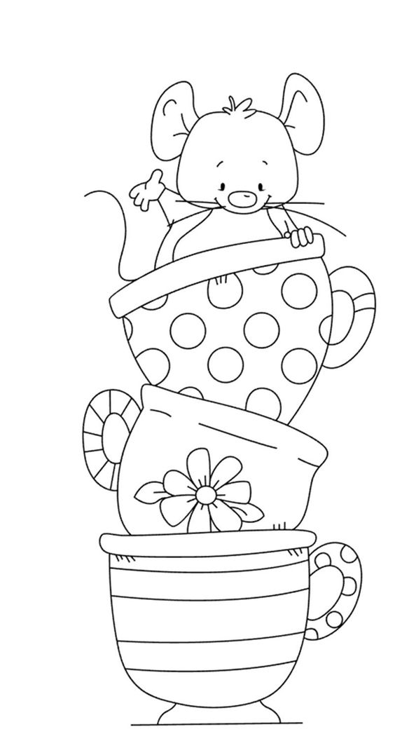 Tranh tô màu con chuột và ba cái tách uống trà