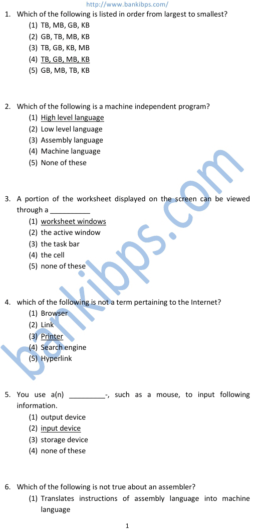 ibps computer knowledge question papers