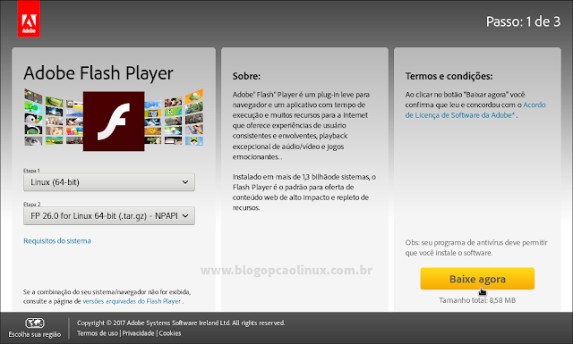 Selecione a arquitetura do seu sistema operacional e a versão NPAPI do Adobe Flash Player (.tar.gz) Selecione a arquitetura do seu sistema operacional e a versão NPAPI do Adobe Flash Player (.tar.gz)