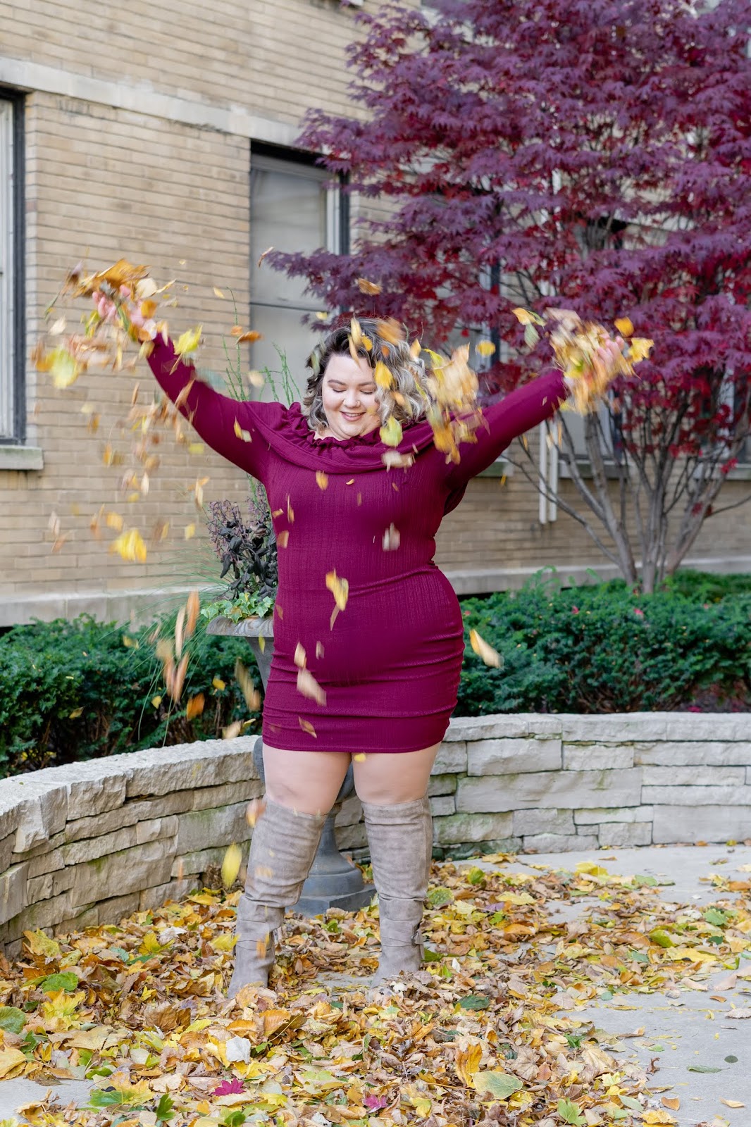 natalie craig, natalie in the city, plus size fall fashion, 2018, off the shoulder dress, burgundy dresses, fashion to figure, new york and company, chicago, chicago plus size fashion blogger, petite plus size fashion blogger, just fab, wide calf boots